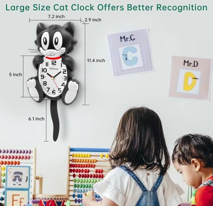 SOOBEST 18 Inch 3D Large Cat Wall Clock Battery Operated Silent Non Ticking with Moving Eyes and Pendulum Tail - Image 2