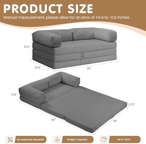 Convertible Sofa Bed Queen,5-in-1 Folding Boneless Couch Corduroy Futon Sofa Bed - Image 2