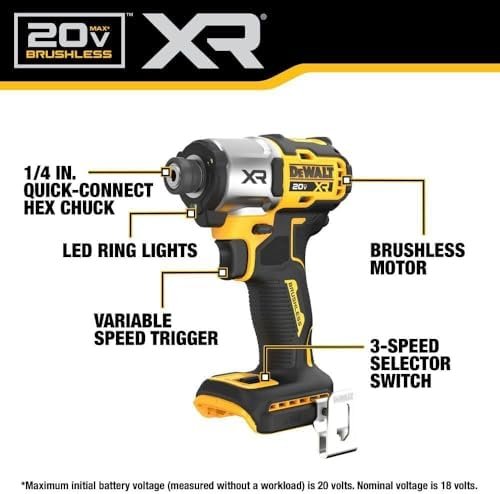 DEWALT 20V MAX XR Impact Driver, Brushless, 1/4", 3-Speed, Bare Tool Only - Image 2