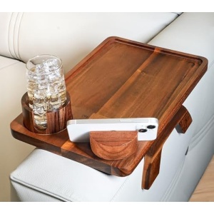 Couch Arm Tray Table with Cup Holder & Adjustable Phone Stand – Foldable Acacia
