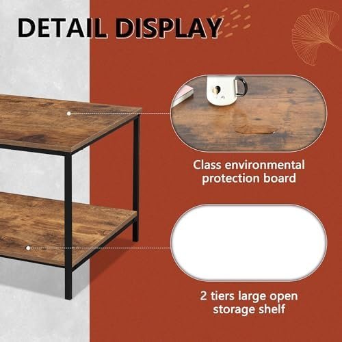 SENIG Small Brown Rectangle Wood and Metal Coffee Table with Storage Shelf - Image 4
