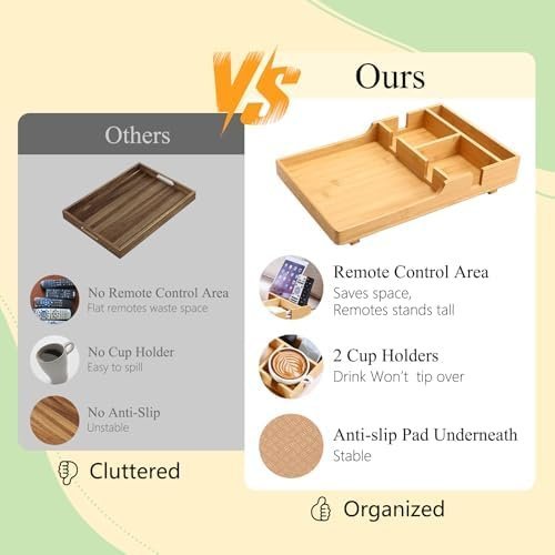 Couch Tray Insert for Middle,Bamboo 15.3″x9.8″ Sofa 2 Cups Holder Table Between - Image 7