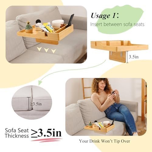 Couch Tray Insert for Middle,Bamboo 15.3″x9.8″ Sofa 2 Cups Holder Table Between - Image 4