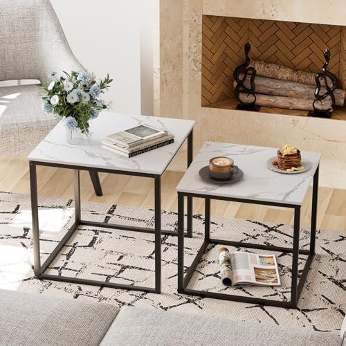 Garden 4 you Coffee Table Set of 2, Modern Faux Marble Nesting Table, Metal