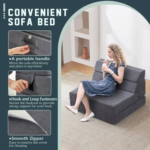 jela Foldable Sofa Bed Large Soft Foam Convertible Sleeper Chair Luxury Corduroy - Image 4