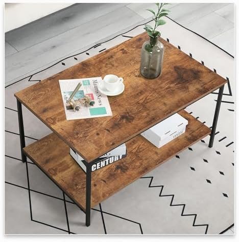 SENIG Small Brown Rectangle Wood and Metal Coffee Table with Storage Shelf - Image 2