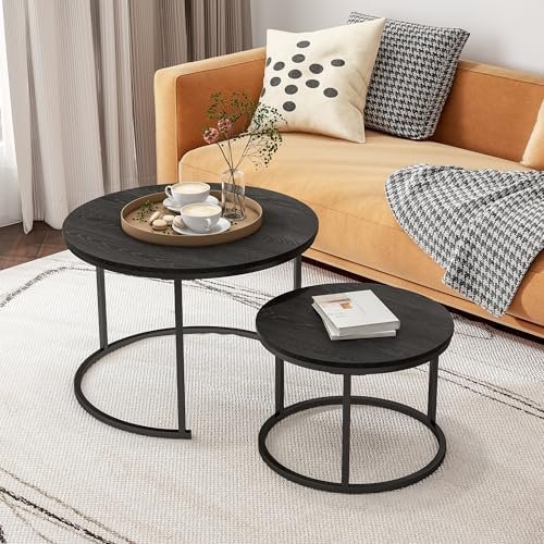 HOJINLINERO Round Coffee Table Set of 2 End Tables for Living Room,Black Coffee