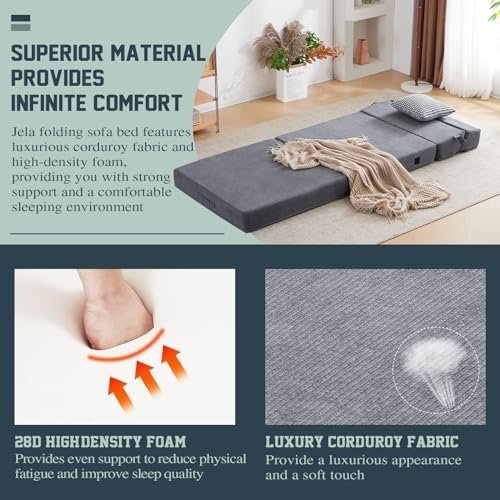 jela Foldable Sofa Bed Large Soft Foam Convertible Sleeper Chair Luxury Corduroy - Image 5