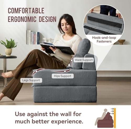 Folding Sofa Bed, 3-in-1 Convertible Sleeper Chair Corduroy High-Density Foam - Image 3