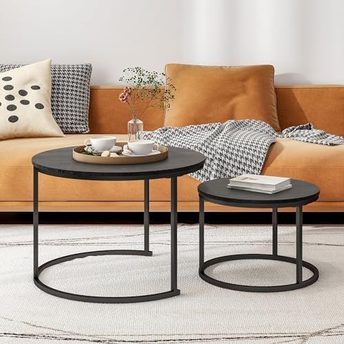 HOJINLINERO Round Coffee Table Set of 2 End Tables for Living Room,Black Coffee - Image 3