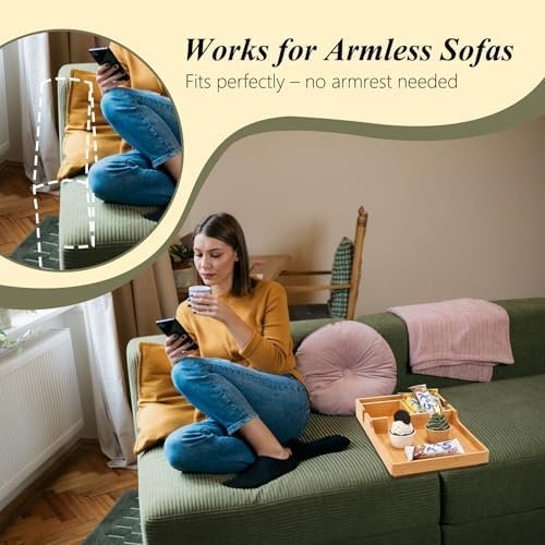 Couch Tray Insert for Middle,Bamboo 15.3″x9.8″ Sofa 2 Cups Holder Table Between - Image 3