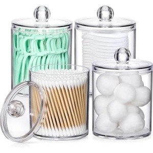 4 Pack Acrylic Qtip Holder Dispenser for Cotton Swabs, Balls, Pads, Floss Picks