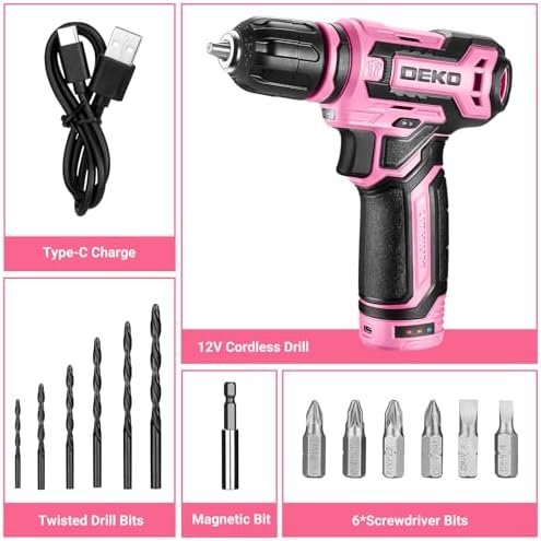Cordless Drill:DEKOPRO 12V Power Drill Set with Pink 800RPM Electric Drills - Image 3