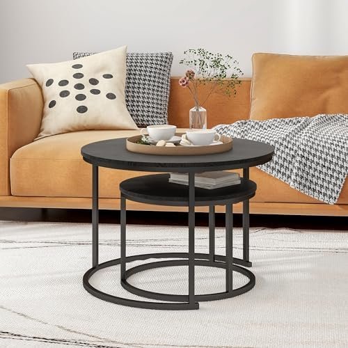 HOJINLINERO Round Coffee Table Set of 2 End Tables for Living Room,Black Coffee - Image 4