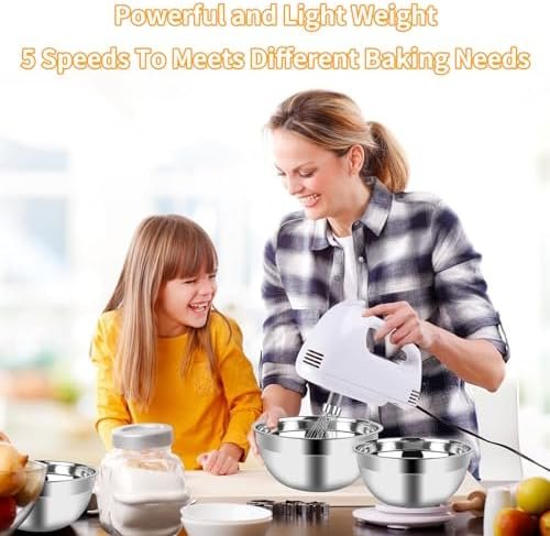 Hand Mixer Electric Mixing Bowls Set, 5 Speeds Handheld Mixer - Image 3