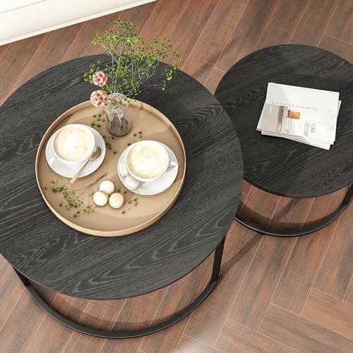 HOJINLINERO Round Coffee Table Set of 2 End Tables for Living Room,Black Coffee - Image 5
