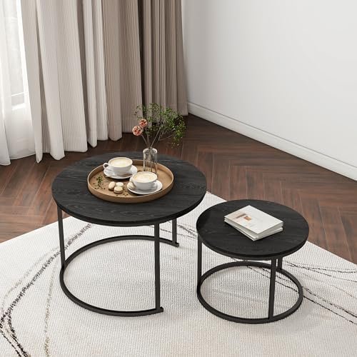 HOJINLINERO Round Coffee Table Set of 2 End Tables for Living Room,Black Coffee - Image 7
