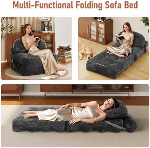 Folding Sofa Bed, Convertible Sleeper Chair with Back Support and Pillow - Image 3