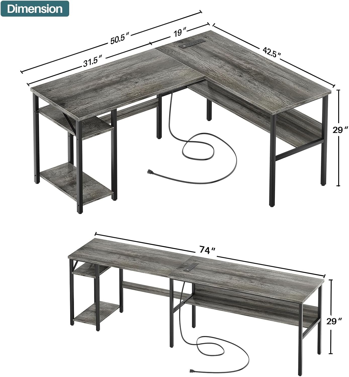 Unikito Reversible L Shaped Desk with Magic Power Outlets and USB Charging - Image 3