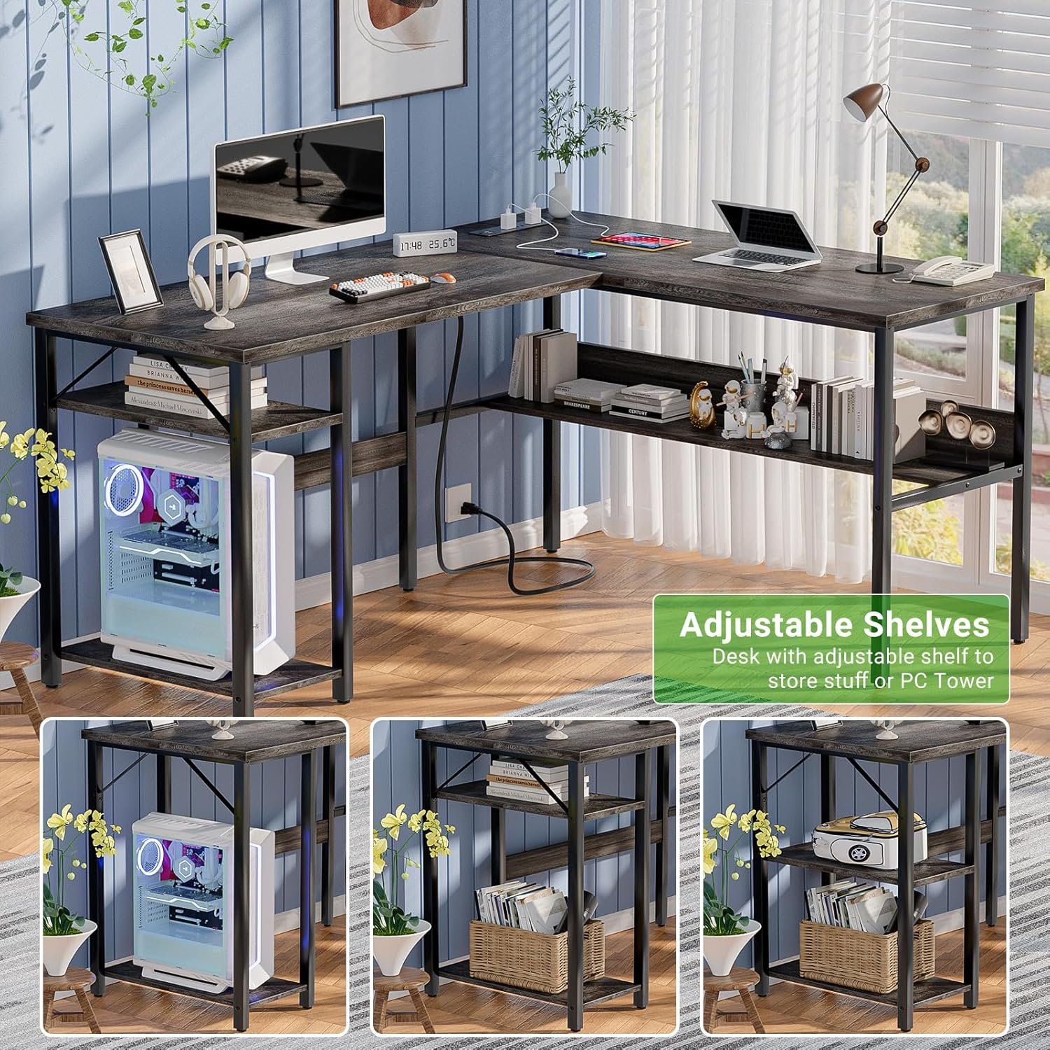 Unikito Reversible L Shaped Desk with Magic Power Outlets and USB Charging - Image 7