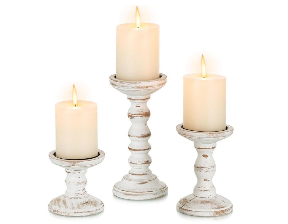 ROMADEDI Wood Candle Holders for Pillar Candles - Set of 3 Tall Farmhouse Wooden Candlestick Holder