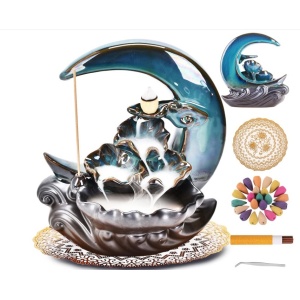 ZVAIUK New Moon Backflow Incense Holder, Ceramic Hand-Made Incense Fountain Burner