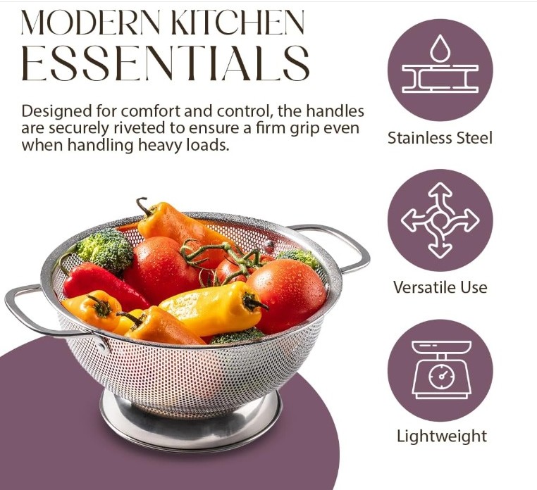 BELLEMAIN Colander for Kitchen – 5 Qt Stainless Steel Strainer with Handle - Image 3