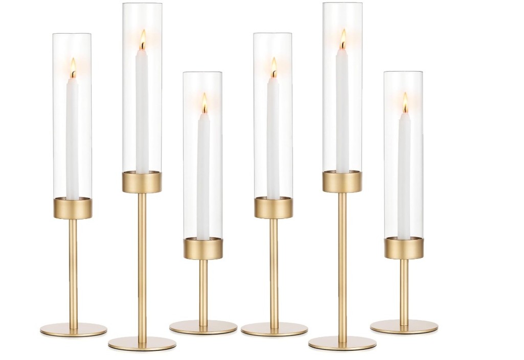 ROMADEDI Glass Hurricane Candlestick Holders Gold - Romadedi Set of 6 Taper Candle Holder