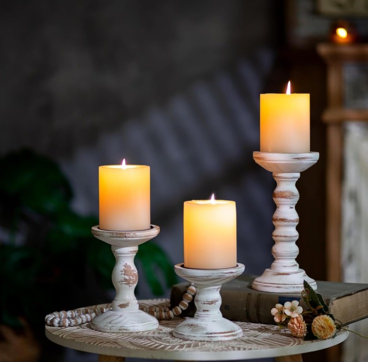 ROMADEDI Wood Candle Holders for Pillar Candles - Set of 3 Tall Farmhouse Wooden Candlestick Holder - Image 5