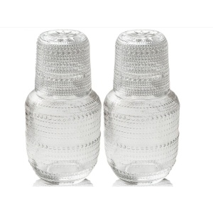 ZOOFOX Set of 2 Vintage Bedside Water Carafe and Glass Set, Clear Embossed Night Water Carafe